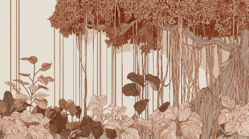 Papier peint feuillage tropical Motifs de feuillages et racines en teintes naturelles