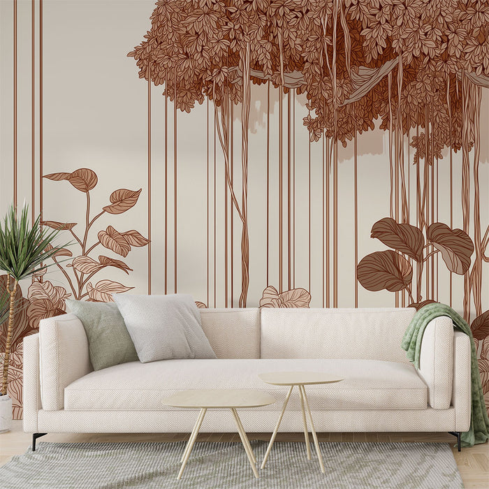 Papier peint feuillage tropical | Motifs de feuillages et racines en teintes naturelles