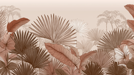 Papier peint feuillage tropical Motifs de feuilles aux teintes chaudes sur fond doux