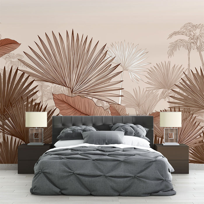 Papier peint feuillage tropical | Motifs de feuilles aux teintes chaudes sur fond doux