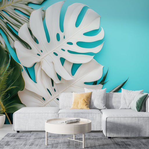 Un salon moderne avec un papier peint tropical bleu vif illustrant de grandes feuilles blanches et vertes, créant une ambiance fraîche et vivifiante.