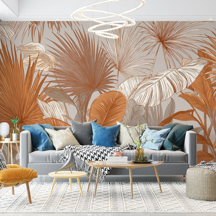 Papier peint feuillage tropical | Motifs de feuilles d'orange et de beige