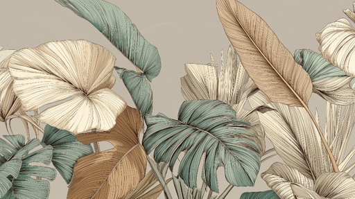Papier peint feuillage tropical Motifs de feuilles élégantes aux tons neutres