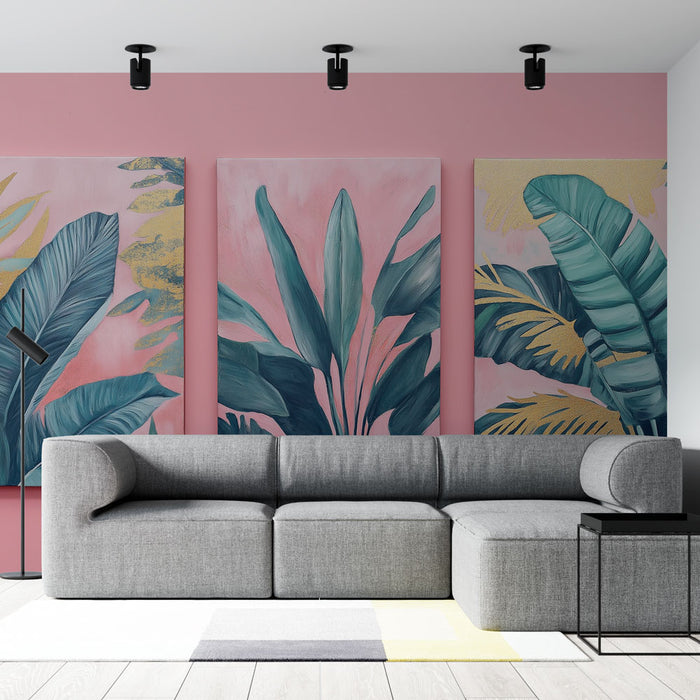 Un salon moderne avec un papier peint tropical aux grandes feuilles vertes sur fond rose, créant une ambiance fraîche et accueillante.