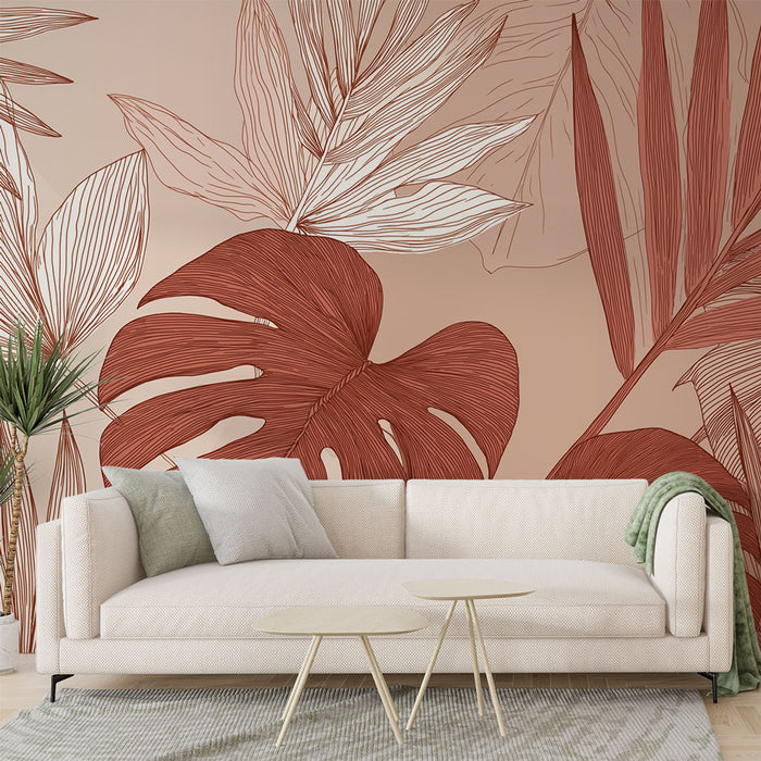 Un salon moderne avec un papier peint aux motifs de feuilles tropicales rouges et blanches sur fond beige, créant une ambiance chaleureuse et accueillante.