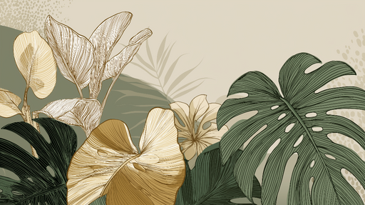 Papier peint feuillage tropical Motifs de feuilles stylisées en nuances dorées et vertes