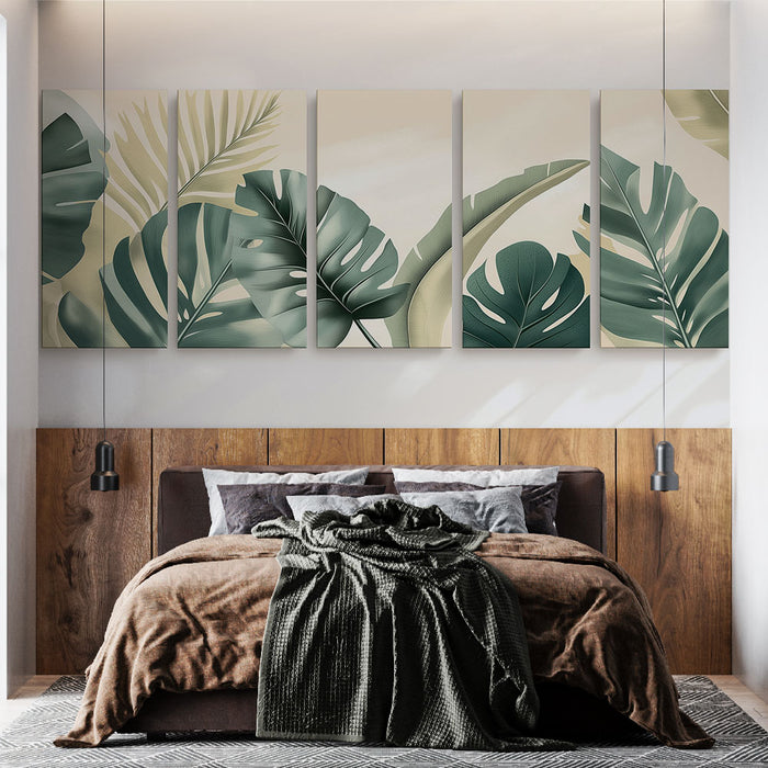 Une chambre moderne avec un papier peint tropical représentant de grandes feuilles vertes sur fond clair, créant une atmosphère apaisante et naturelle.