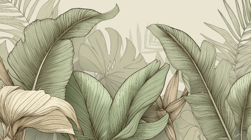 Papier peint feuillage tropical Motifs de grandes feuilles dans des tons doux et naturels