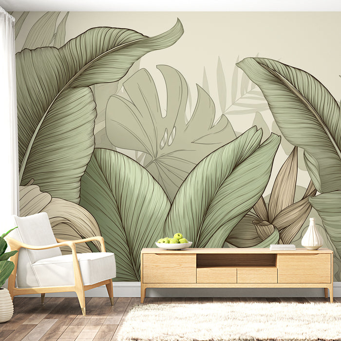 Un salon moderne avec un papier peint tropical représentant de grandes feuilles vertes et beige sur un fond clair, créant une ambiance naturelle et apaisante.