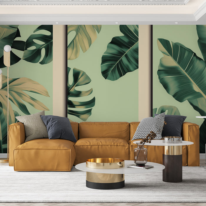 Papier peint feuillage tropical | Motifs de grandes feuilles sur fond vert pâle