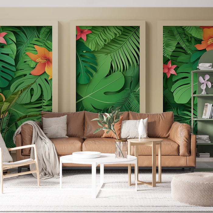 Un salon moderne avec un papier peint tropical vibrant représentant de grandes feuilles vertes et des fleurs colorées, créant une atmosphère fraîche et accueillante.