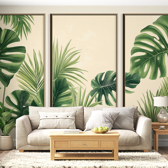 Papier peint feuillage tropical | Motifs luxuriants de feuilles vertes sur fond clair