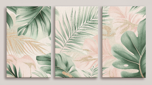 Papier peint feuillage tropical Mur de plantes luxuriantes aux teintes douces et paillettes dorées