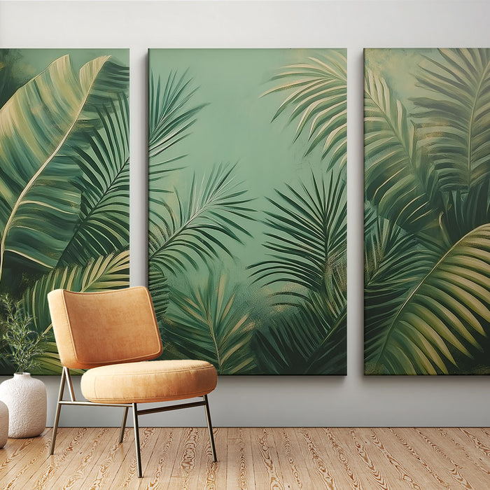 Une pièce moderne avec un papier peint tropical vert d'eau illustrant de grandes feuilles exotiques, créant une ambiance apaisante et naturelle.