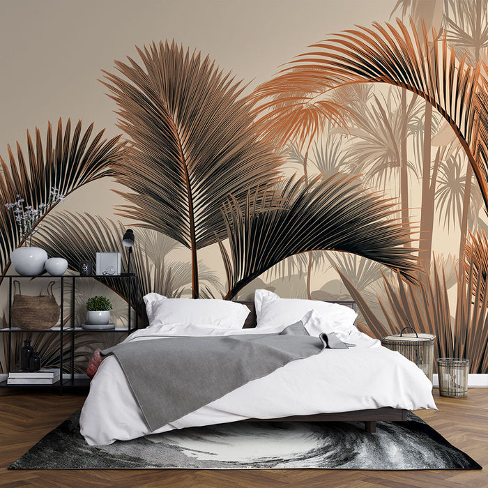 Papier peint feuillage tropical | Palmiers stylisés aux teintes douces et chaleureuses