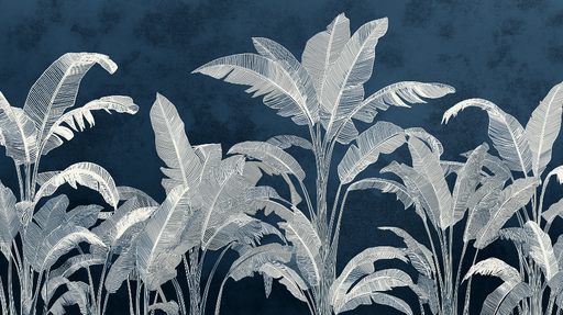 Papier peint feuillage tropical Palmiers stylisés sur fond bleu nuit