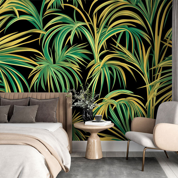 Une chambre moderne avec un papier peint tropical aux grandes feuilles vertes et jaunes sur fond noir, créant une ambiance vivante et dynamique.