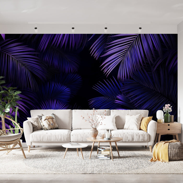 Papier peint feuillage tropical | Palmiers violets au fond sombre