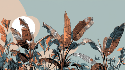Papier peint feuillage tropical Plantes graphiques et couleurs douces