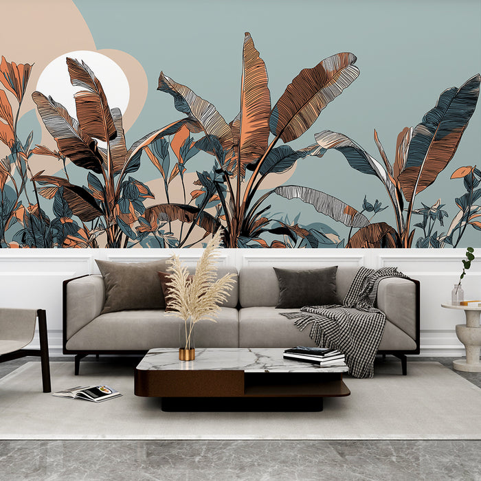 Papier peint feuillage tropical | Plantes graphiques et couleurs douces
