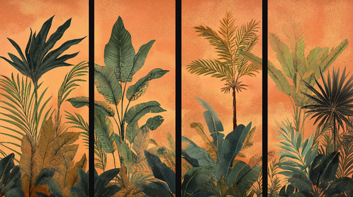 Papier peint feuillage tropical Plantes luxuriantes sur fond orange éclatant