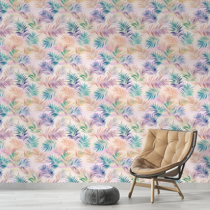 Une pièce moderne avec un papier peint tropical aux motifs de feuilles colorées dans des teintes pastel, créant une ambiance fraîche et apaisante.