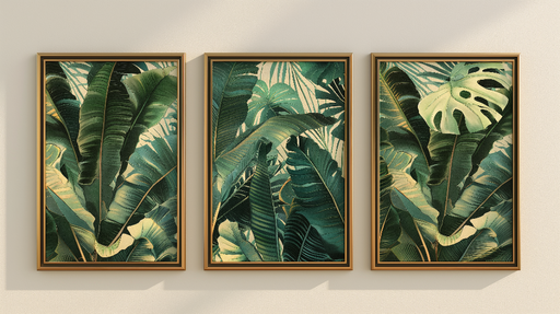 Papier peint feuillage tropical Trio de feuilles luxuriantes dans des nuances de vert