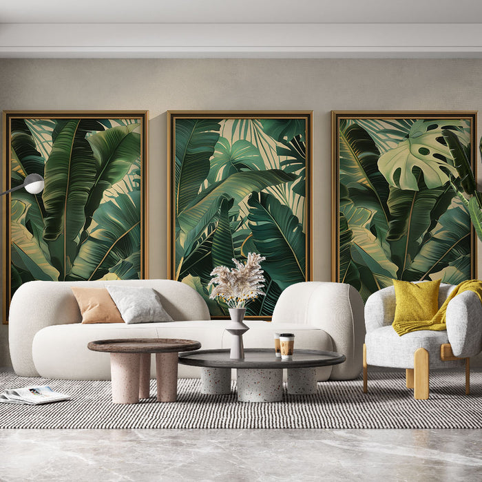 Papier peint feuillage tropical | Trio de feuilles luxuriantes dans des nuances de vert