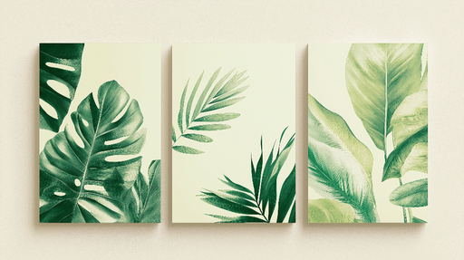 Papier peint feuillage tropical Trois panneaux de feuilles vertes luxuriantes