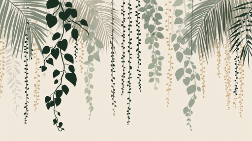 Papier peint feuillage tropical Un élégant design de feuillage suspendu aux nuances douces