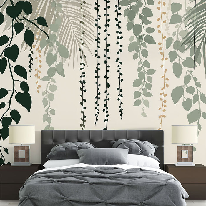 Papier peint feuillage tropical | Un élégant design de feuillage suspendu aux nuances douces