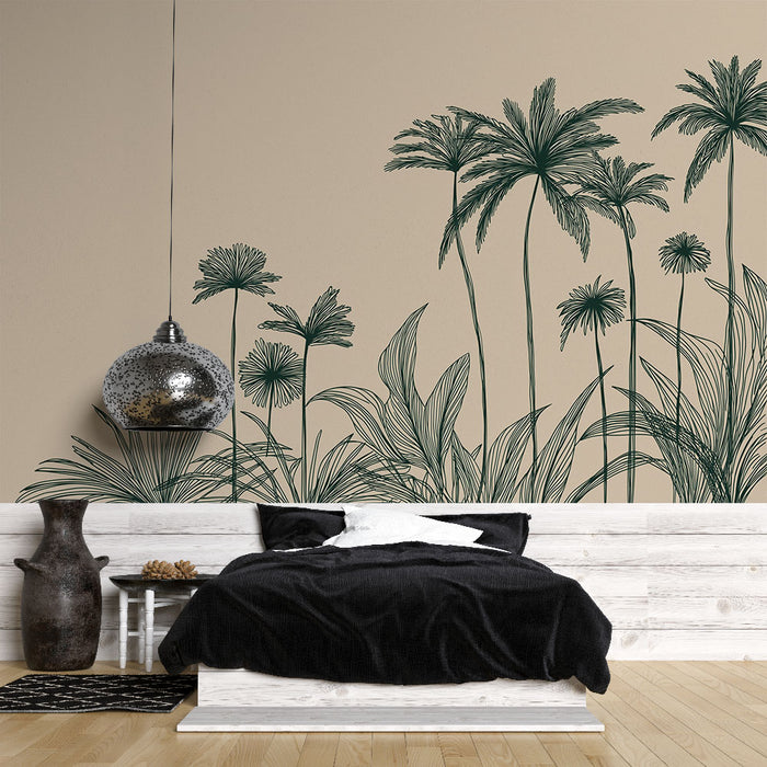 Une chambre moderne avec un papier peint représentant des palmiers et des feuilles exotiques en vert sur fond beige, créant une atmosphère apaisante et naturelle.