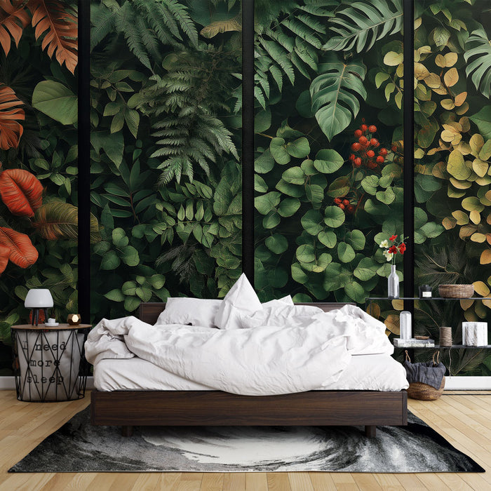 Papier peint feuillage tropical | Un mélange vibrant de feuillages verts et rouges