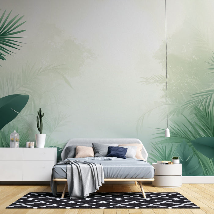 Une chambre moderne avec un papier peint tropical aux dégradés de vert et motifs de grandes feuilles, créant une atmosphère apaisante et naturelle.