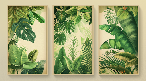 Papier peint feuillage tropical Un trio de feuilles luxuriantes en nuances de vert