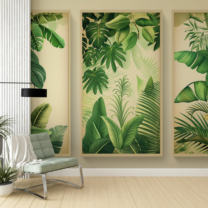 Papier peint feuillage tropical | Un trio de feuilles luxuriantes en nuances de vert