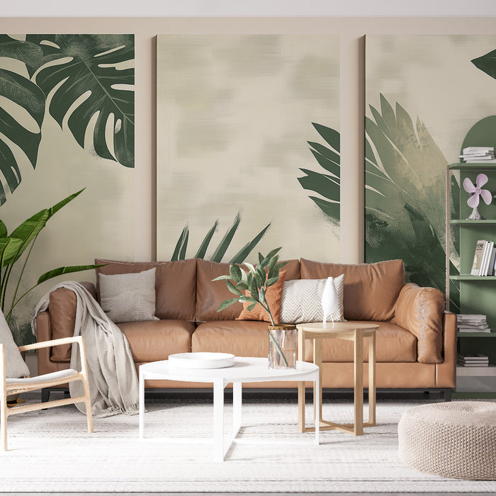 Un salon moderne avec un papier peint tropical aux grandes feuilles vertes sur fond clair, créant une ambiance fraîche et apaisante.