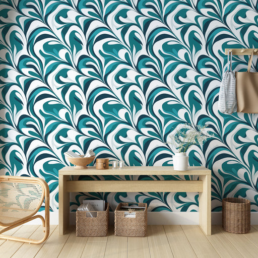 Une entrée moderne avec un papier peint aux motifs fluides dans des teintes de bleu et blanc, créant une atmosphère fraîche et dynamique.