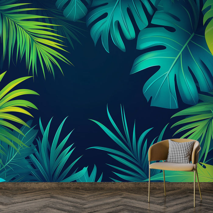 Papier peint feuillage vert et bleu | Fond bleu et feuilles tropicales