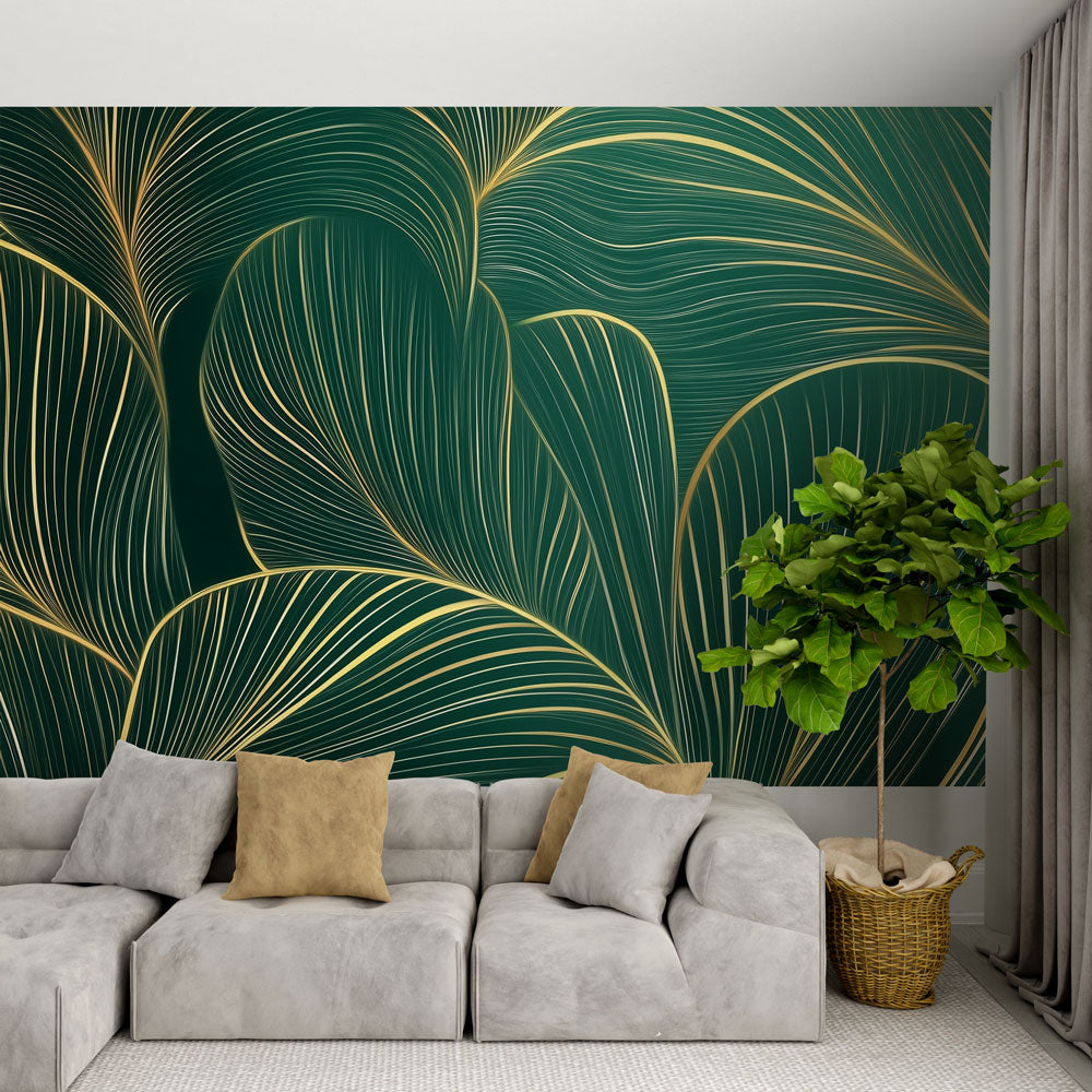 Papier Peint Feuillage Vert Or