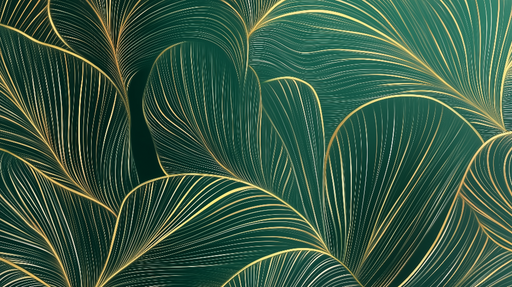 Papier peint feuillage vert et doré Vert intense et lignes dorées