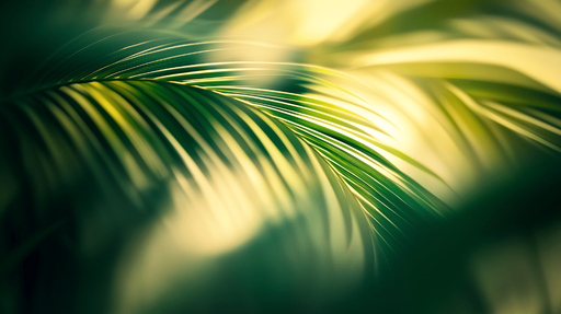 Papier peint feuillage vert Feuille de palmier et lever du soleil en fond