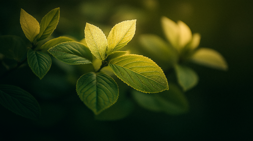 Papier peint feuillage vert Feuilles au soleil couchant
