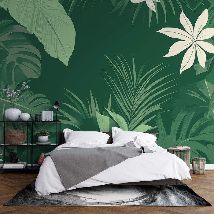 Papier peint feuillage vert | Fleurs blanches et feuillage monochrome