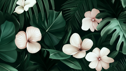 Papier peint feuillage vert Fleurs rose et végétation tropicale verte