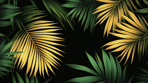 Papier peint feuillage vert Fond noir et duo vert et doré