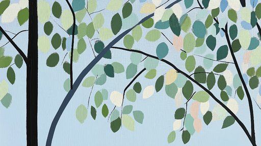 Papier peint feuillage vert Grandes branches et fond bleu ciel