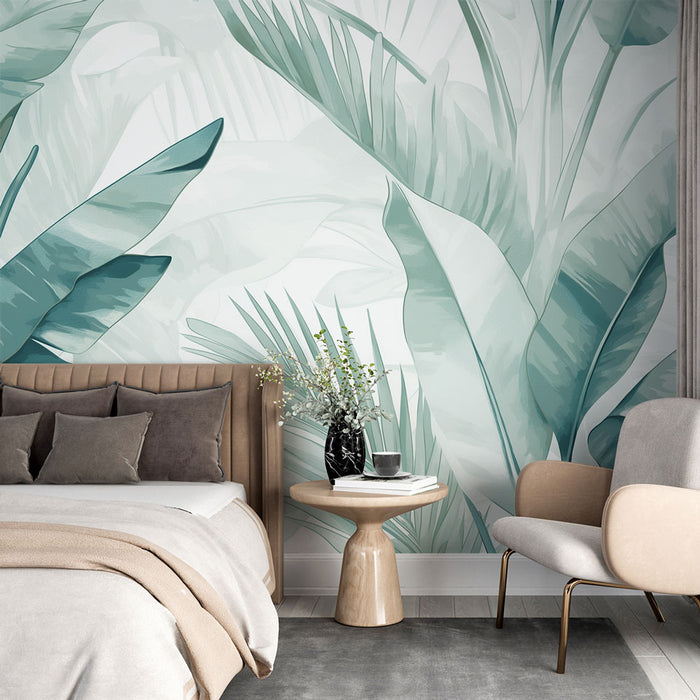 Une chambre moderne avec un papier peint tropical aux grandes feuilles vertes sur fond clair, créant une atmosphère apaisante et naturelle.