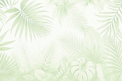 Papier peint tropical aux motifs de feuilles vert pâle sur fond clair, créant une ambiance apaisante et naturelle, idéale pour un espace zen.