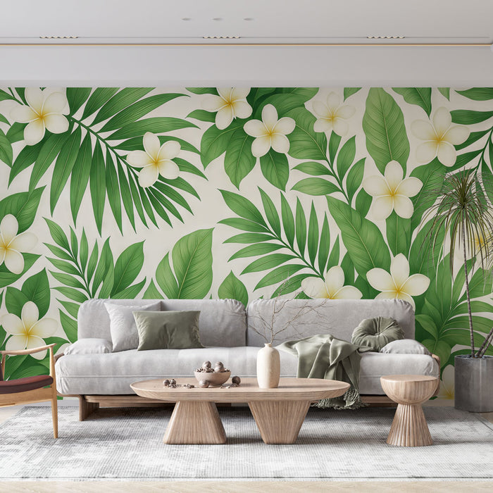 Un salon moderne avec un papier peint tropical aux grandes feuilles vertes et fleurs blanches, créant une ambiance fraîche et apaisante.